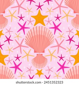 pink peach sea star shell seamless pattern. orange starfish background. marine illustration. good for fabric, fashion design, wallpaper, beachwear, swimwear, textile, bedding, wrapping paper.