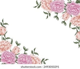 Pink and Peach Watercolor Rose Flower Border