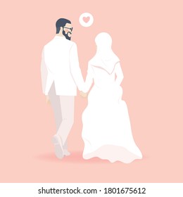 Pink Peach Wedding Muslim Couple Portrait Walking Together from backside - Nikah Walima Wedding Save the date