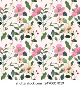 pink peach wildflower watercolor seamless pattern