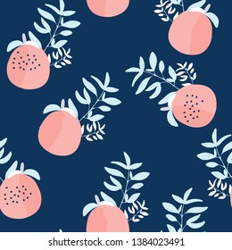 pink peaches with blue background vector seamless pattern - Great for wallpaper,backgrounds,gifs,surface pattern design,packaging design projects, stationary.