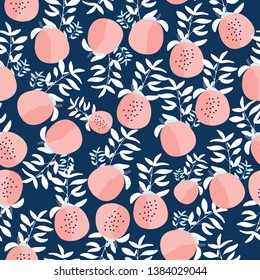 pink peaches with blue background vector seamless pattern - Great for wallpaper,backgrounds,gifs,surface pattern design,packaging design projects, stationary.