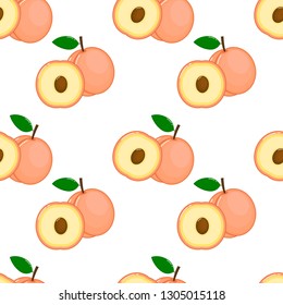 pink peaches seamless pattern. fresh fruit on white background. vector illustrations.
