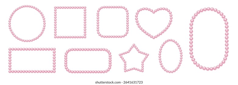 Pink pearl beads frame collection. Set of different geometric borders made of bead