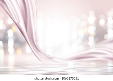 Pink pearl satin, smooth fabric on shimmering bokeh background in 3d illustration