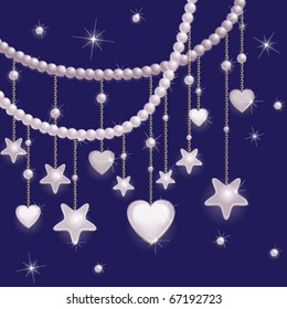 Pink pearl stars and hearts on a blue background