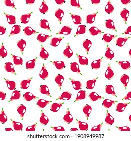 Pink pears on white chaotic seamless pattern vector. Funny cartoon fruits complex pattern. Pears fruits seamless pattern perfect for fabric, clothes, home textile, packaging, wrapping paper and more