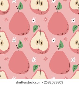 Pink pears. Seamless pattern of pears, whole and sliced on pink background. Decorated with small flowers and green leaves. Cute girly design for fabric, textile and art projects. Vector illustration.