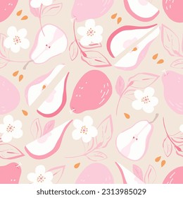 Patrón vectorial sin fisuras de pera rosa. Peras, flores, semillas y hojas sobre fondo beige. Ilustración de estilo escaparate de frutas de verano para tarjetas de felicitación, tela, papel pintado o papel de envoltura