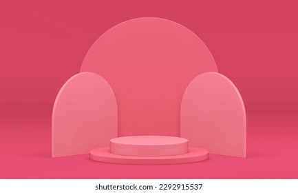 Pink pedestal 3d platform level stairs cylinder construction curved wall realistic vector illustration. Podium architecture round foundation geometric showroom display design for product presentation