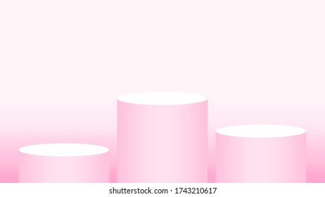 pink pedestal cylinder circle 3 steps for cosmetics showcase, podium circle stage pink pastel soft color, platform three steps for advertising copy space, podium round for make-up product display