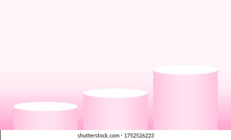 pink pedestal cylinder circle 3 steps for cosmetics showcase, podium circle stage pink pastel soft color, platform three steps for advertising copy space, podium round for make-up product display