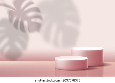 Pink pedestals with cherry blossoms and falling cherry petals and pink pearls on a pink pastel natural background. Fashionable subtle abstract promotion of cosmetic products.