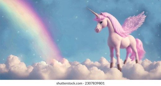 Pink Pegasus pony horse unicorn in heaven.Kawaii cute fairy tale sweet dreamy cartoon light pastel rainbow fluffy white clouds sky with stars.Baby nursery wall design.Childish wallpaper for kids.