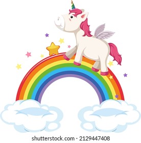 Pink pegasus walking on rainbow in cartoon style illustration