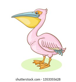 Pink pelican.  In cartoon style. Isolated on white background. Vector illustration.