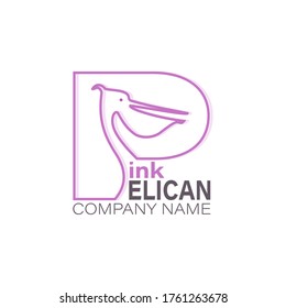 Pink pelican. Icon. Isolated vector illustration. Linear logo, emblem. Capital letter P with bird. White background. Design for business project, environmental poster, thematic site.