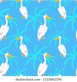 Pink pelican. Onocrotalus. Leaves of a palm seamless pattern.