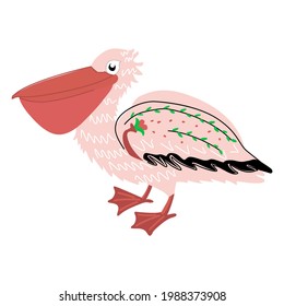 Pelícano rosa, con patrón en las alas. Pájaro marino aislado en un fondo blanco, vector.