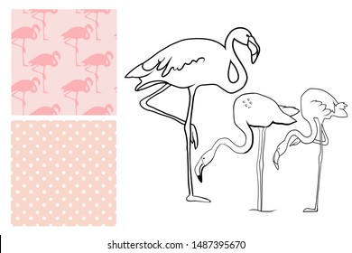 Pink Pelican and seamless patterns in gentle pastel colors, in vector