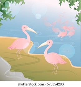Rosa Pelikane stehen am See. Vektorgrafik