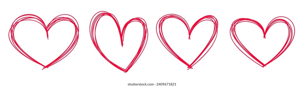 Iconos de corazón dibujados con lápiz rosado y garabatos. Banner feliz día de San Valentín o plantilla de cartas. Ilustración del vector