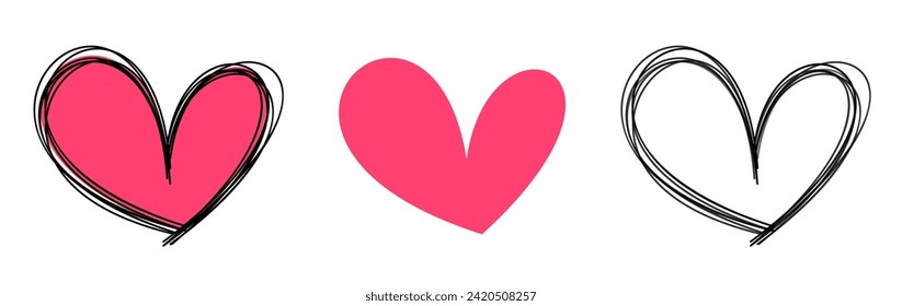 Pink pen drawn scribbled heart icons. Happy Valentine's day doodle banner or letter template. Vector illustration