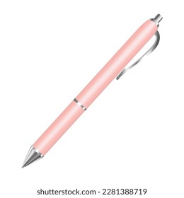 Pink pen realistic with metal elements. Vector design for work, school, mockup. School tool. Cute icon of writing pen