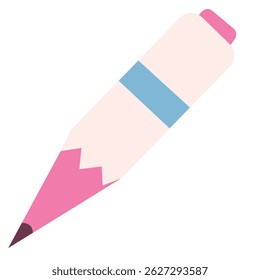 Caricatura de lápis cor-de-rosa com ponta afiada, ideal para temas relacionados à escola ou à arte em um estilo kawaii simples e plano.