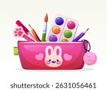 Pink pencil case with bunny design filled with markers, pencils, paintbrush, and watercolor palette in cartoon style on white background. Vector illustration