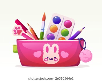 Caixa de lápis rosa com design de coelho preenchido com marcadores, lápis, pincel e aquarela paleta em estilo cartoon em fundo branco. Ilustração vetorial