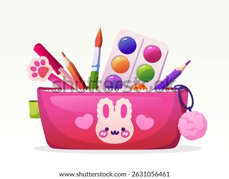 Pink pencil case with bunny design filled with markers, pencils, paintbrush, and watercolor palette in cartoon style on white background. Vector illustration