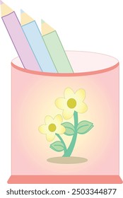 A pink pencil case with a picture of flowers containing colorful pencils