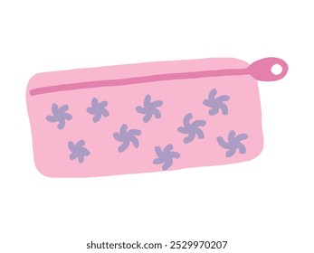 Estuche de lápiz rosa con patrones de flores púrpuras aislados sobre fondo blanco. Concepto de útiles escolares, papelería, diseño lindo, estudiante Essentials. Bolsa con cremallera para Organización y almacenamiento