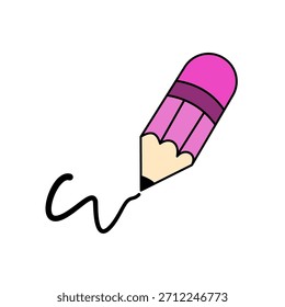 Lápiz rosa dibujando una línea negra simple sobre un fondo blanco. Lindo, estilo caricaturesco. Representa la creatividad, la escritura, la educación y el diseño. Ilustración limpia y minimalista.