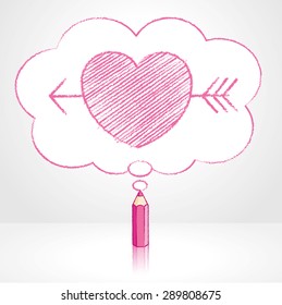Pink Pencil with Reflection Drawing Cupid's Arrow through Heart Icon in Fluffy Cloud Shaped Think Bubble on Grey Background