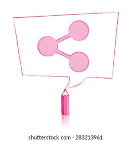 Pink Pencil with Reflection Drawing Digital Share Icon in Skewed Rectangular Speech Bubble on White Background