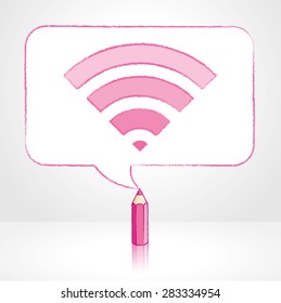 Pink Pencil with Reflection Drawing Digital WiFi Icon in Round Cornered Rectangular Speech Bubble on Pale Background