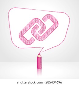 Pink Pencil with Reflection Drawing Digital Media Link Icon in Rounded Skewed Rectangular Shaped Speech Bubble on Pale Background