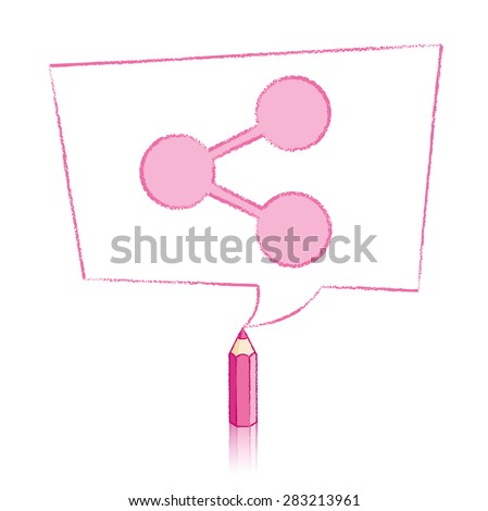 Pink Pencil with Reflection Drawing Digital Share Icon in Skewed Rectangular Speech Bubble on White Background