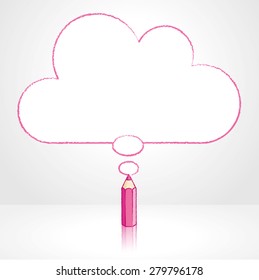 Pink Pencil with Reflection Drawing Flat Cloud Shaped Think Bubble on Grey Background