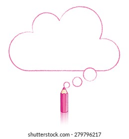 Pink Pencil with Reflection Drawing Flat Cloud Shaped Think Bubble on White Background
