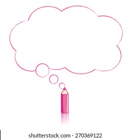 Pink Pencil with Reflection Drawing Fluffy Cloud Shaped Think Bubble on White Background