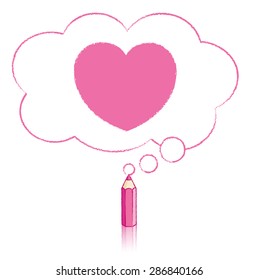 Pink Pencil with Reflection Drawing Heart Icon in Fluffy Cloud Shaped Think Bubble on White Background