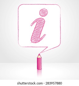 Pink Pencil with Reflection Drawing Information Icon in Round Cornered Square Shaped Speech Bubble on Pale Background