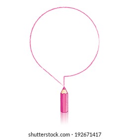 Pink Pencil with Reflection Drawing Round Speech Bubble on White Background
