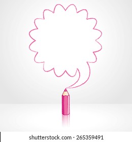 Pink Pencil with Reflection Drawing Rounded Starburst Speech Bubble Grey Background