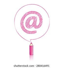 Pink Pencil with Reflection Drawing a shaded At sign in Round Speech Bubble on White Background
