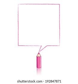 Pink Pencil with Reflection Drawing Square Speech Bubble on White Background