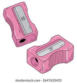 Apontadores de lápis rosa estilo isométrico design vetorial ilustração isolado no fundo branco. Apontadores realistas de perto. Afiador de lápis clipart